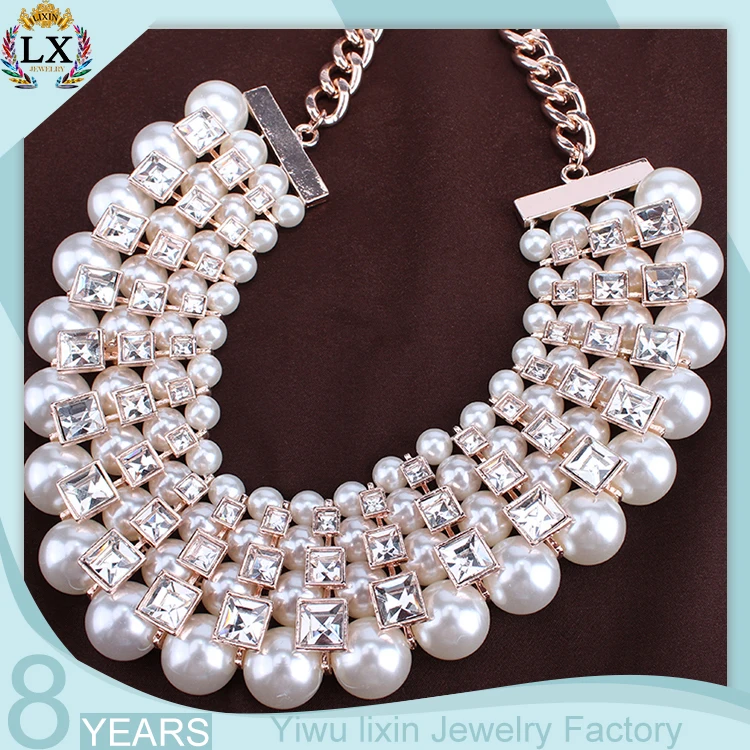 Nlx00235 Big Fake Pearl Choker Necklace Jewelry Multilayer Crystal