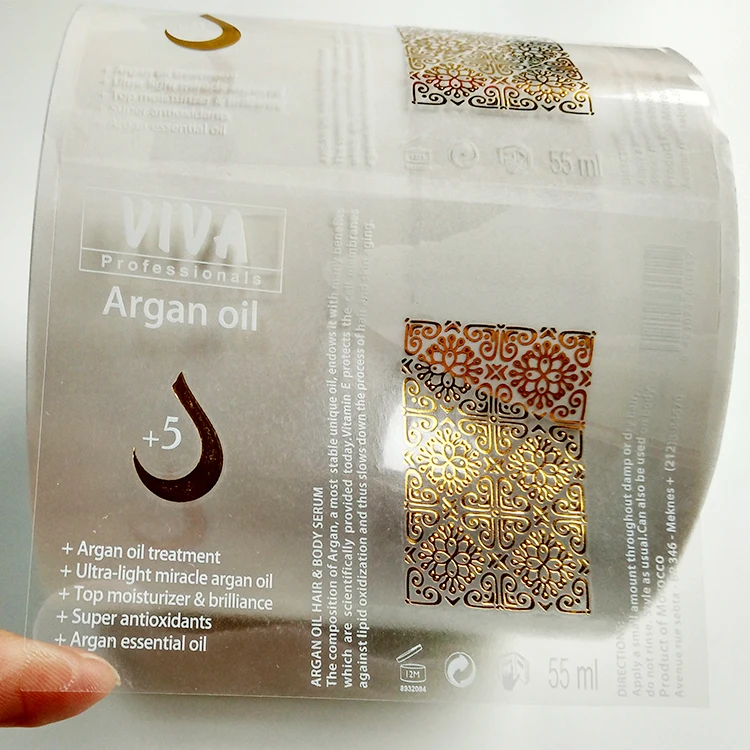 Custom Transparent Background Clear Label Sticker With Gold Foil Logo And White Texts