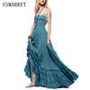New Boho Summer Crinkly Strapless Maxi Dress Halter Tie Beach Dresses Linen Seam Hem Vestidos Low Strappy Back EA8118