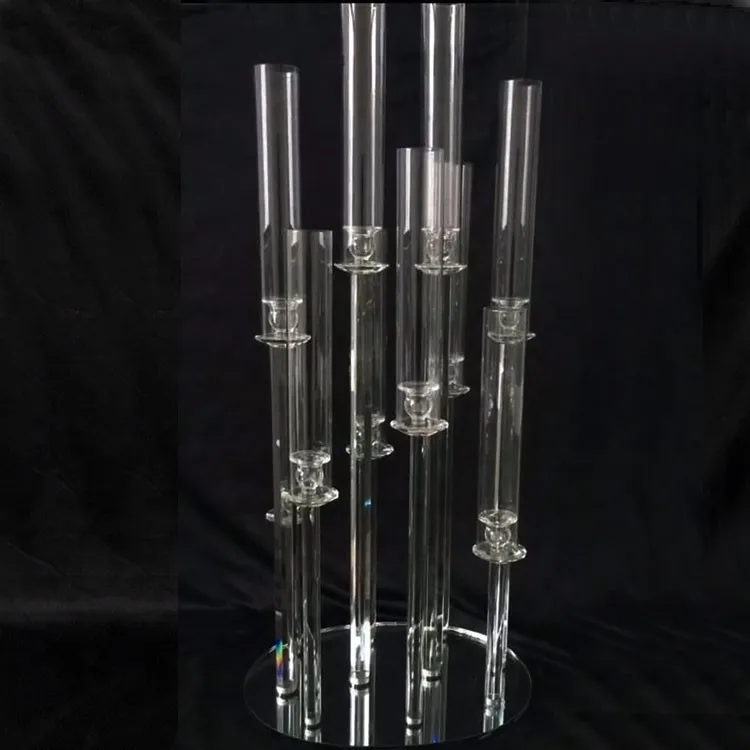Wholesale Glass Tube Candle Holder 10 Arms Round Base Cheap Crystal Candelabra Wedding Tall