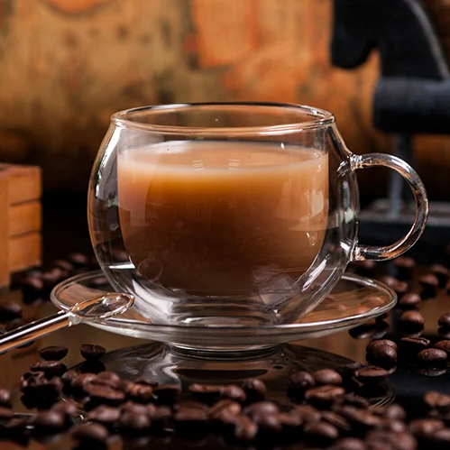 شعار وصفت جدار مزدوج فنجان قهوة زجاجي مع صحن زجاجي زجاج بوروسيليليك مرتفع 220 مللي مع الأوراق المالية