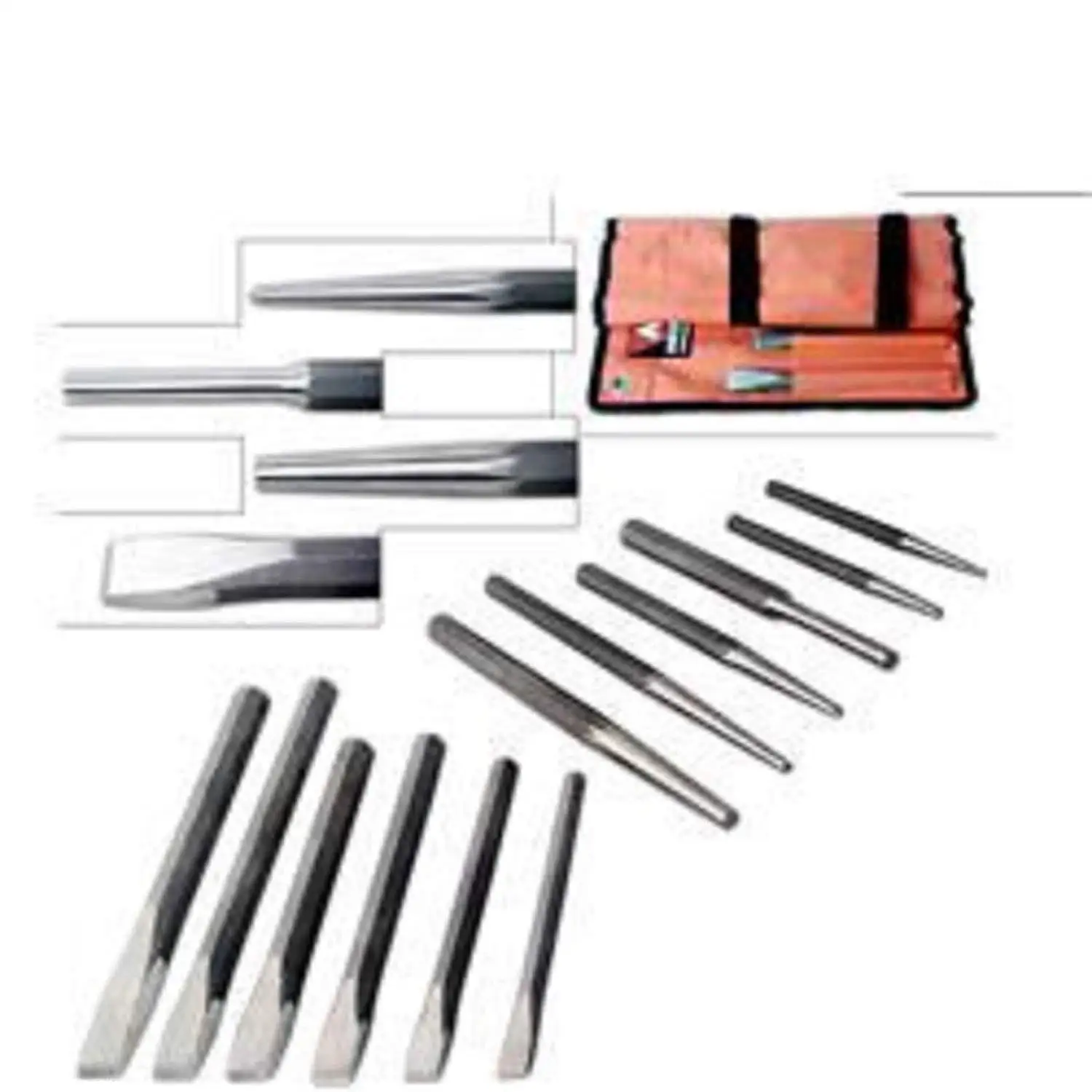 ESKALEX>>12 pc Heavy Duty Punch & Chisel Set cold taper center pin w/Pouch and 6 Cold Chisels: 1/2"x6", 5/8"x7", 3/4"x8", 7/8"x8", 7/8"x10", 1"x10"3 Taper Punches: 1/8"x6", 7/32"x10", 3/8"x10"