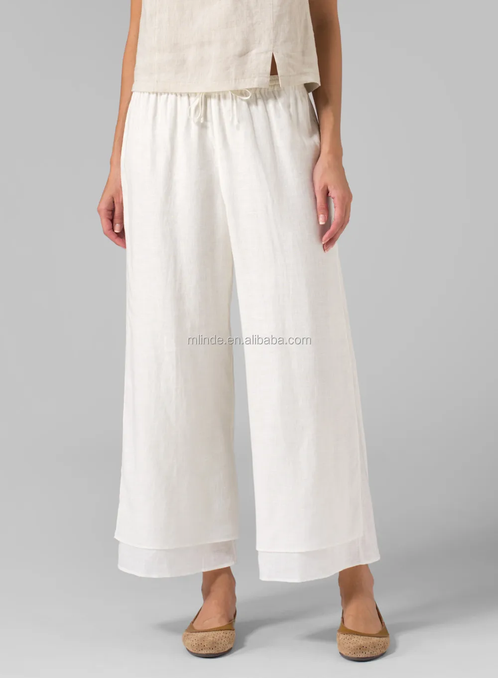 Ladies Lightweight Plain Pants Women Linen Double Layers Cropped Linen