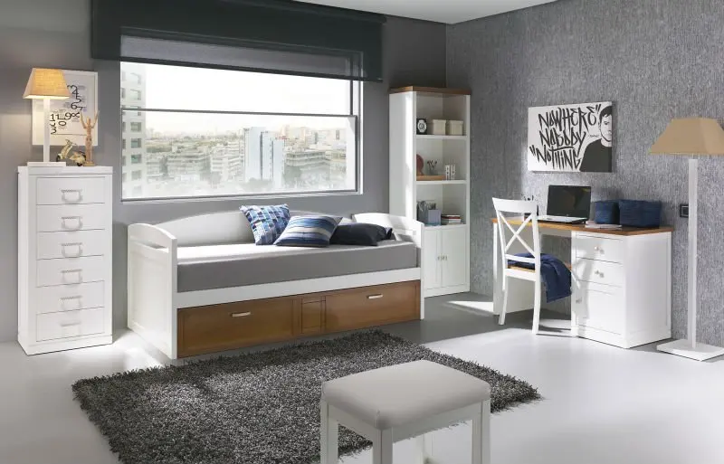 Muebles de dormitorio juvenil compacto con cama nido, de madera ... Muebles haya y blanco