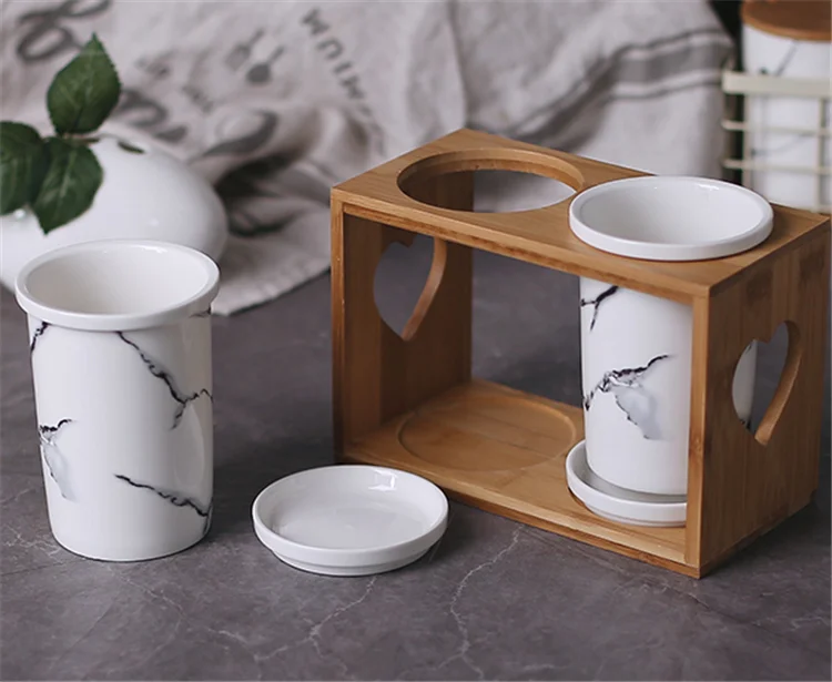 Restaurant condiment spice storage ceramic marble canister with stand and spoon 