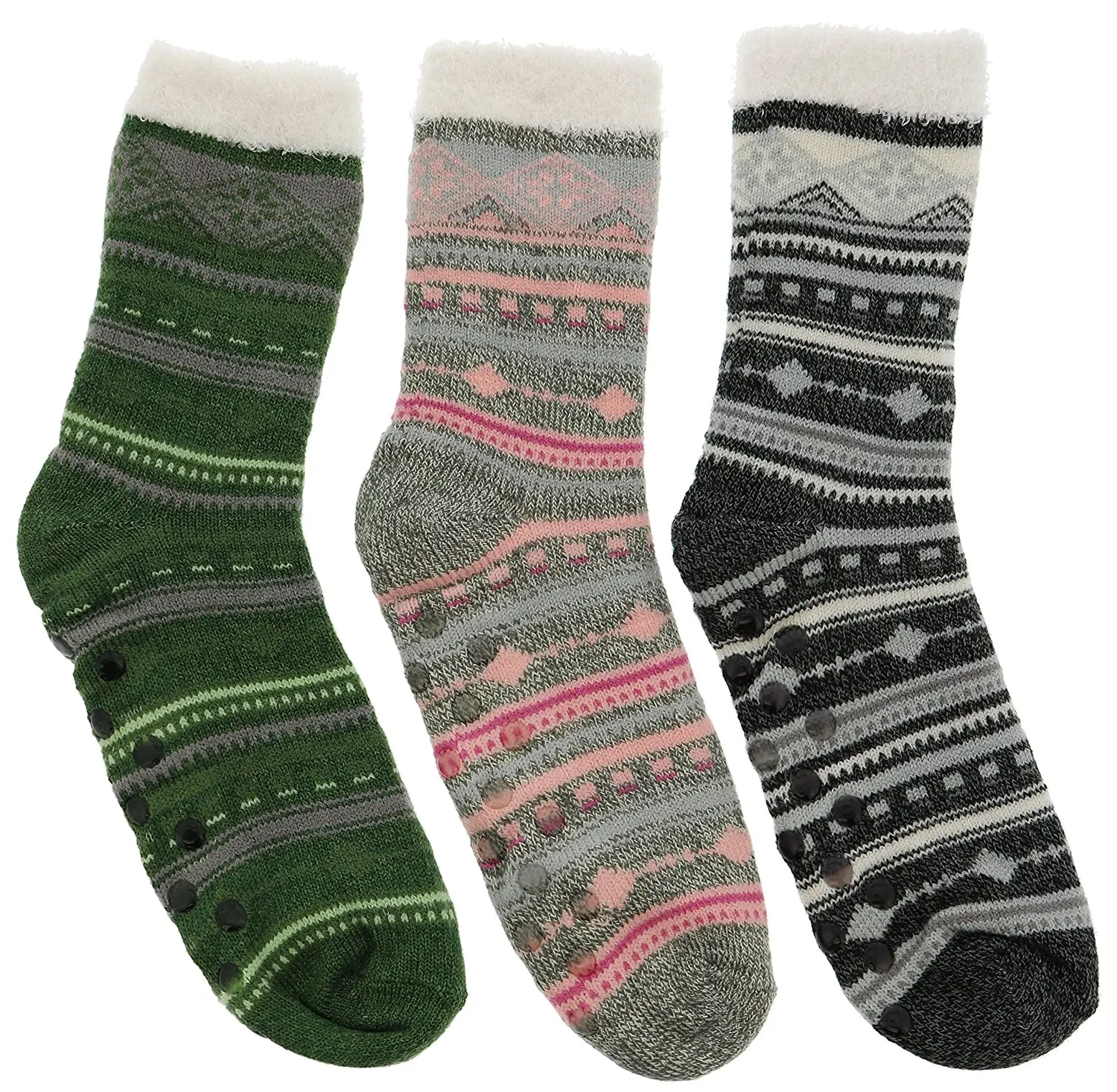 Boys Girls Fuzzy Fairisle Socks Christmas Cotton Winter Slipper Socks in 3 Colours UK Size 9-12