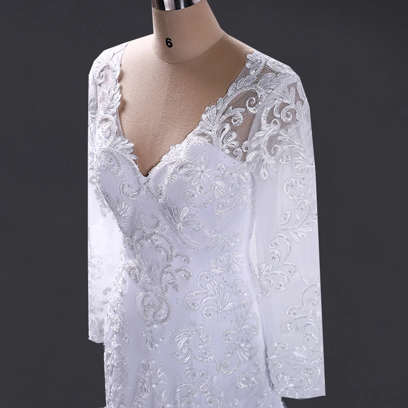 V-neck Mermaid Long Sleeve Lace Beaded Wedding Dress