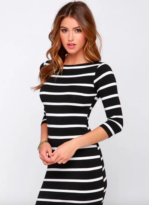 2019 New Spring Summer Women Round Neck Fashion Long Sleeve Straight Plus Size Casual Dress Black and White Striped BodyconDress