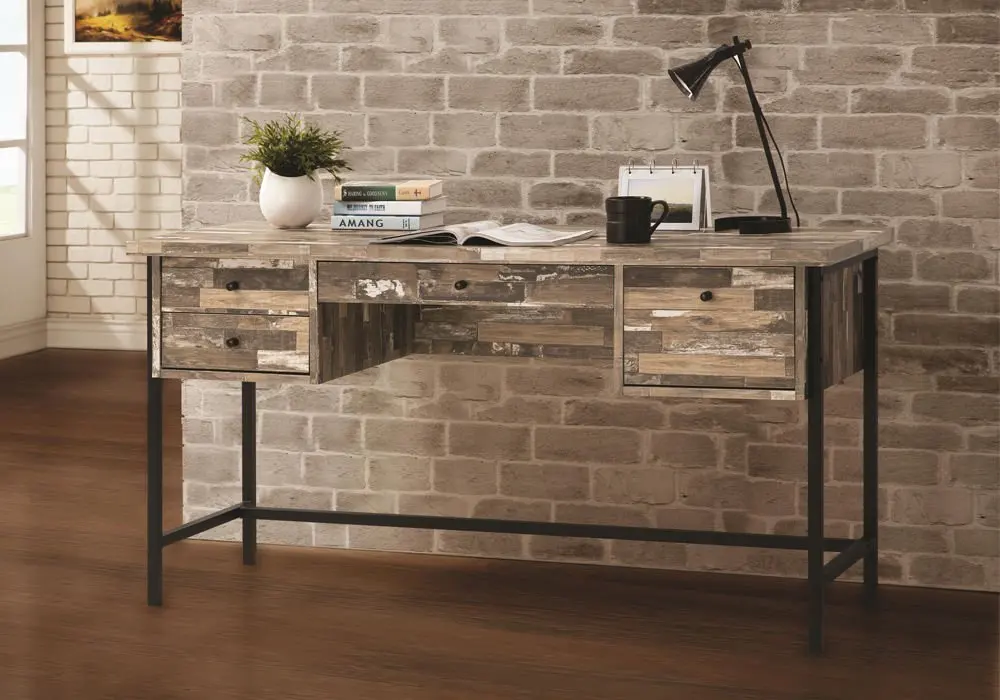 1PerfectChoice Rustic Style Writing Computer Office Desk w/ Drawers Salvaged Cabin Black Metal