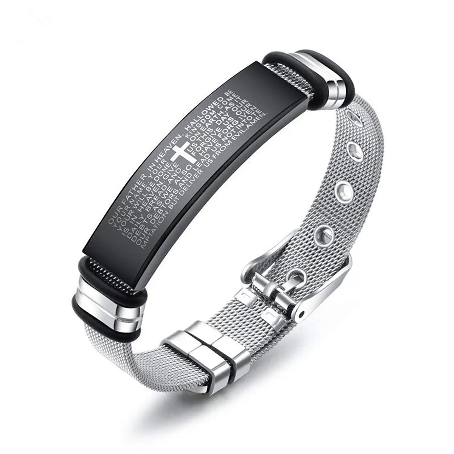 LF Mens 316L Stainless Steel Christ Cross Bible Verse Belt Chain Lord's Prayer ID Adjustable Link Bracelet Christian Scripture Jewelry for Husband Boyfriend Dad Gift