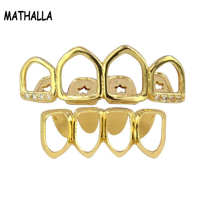 Hiphop Hollow Vampire Fangs Grillz Set Men's Rapper 14k Gold Plated Top
