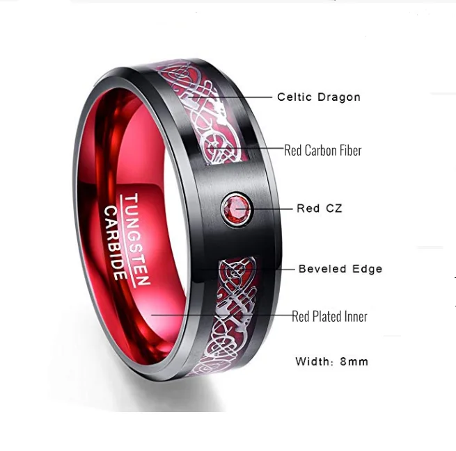 Zakk Anillos para hombre y mujer diseño celta de dragón rojo y verde 8 mm de ancho negro carburo de tungsteno 
