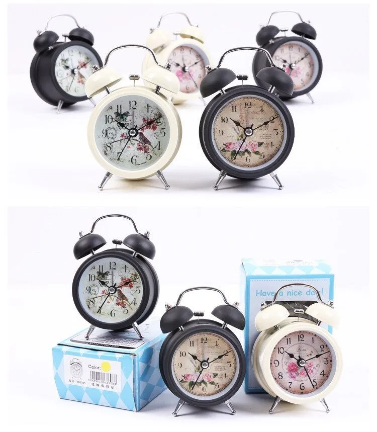 Yellow Metal Double Bell Silent Quartz Movement Classic Fancy Alarm