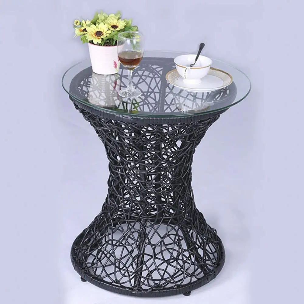 Buy Balcony Patio Side Table Simple Wicker Rattan Coffee Table Round Leisure Tea Table With Glass Desktop For Outdoor Patio Furniture Garden Backyard Pool Living Room Dining Room Black In Cheap Price