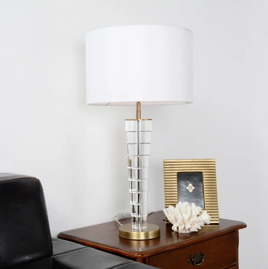 Luxury Slub Crystal Table Lamp for Hotel Villa with Copper Base White Linen Lampshade