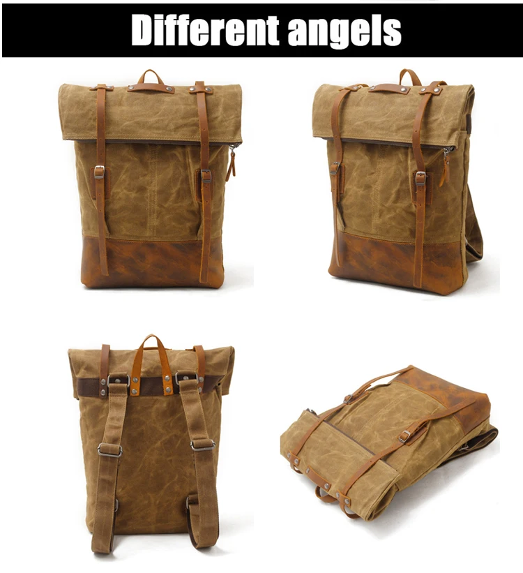 Outdoor design brand vintage water resistant unisex waxed canvas back pack satchel rucksack backpack bag with leather trim