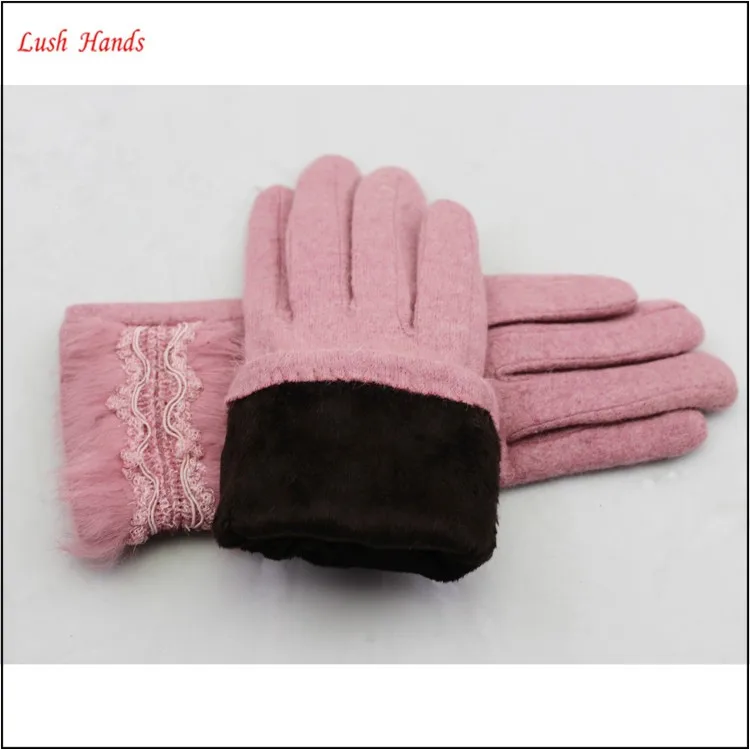 2016 hot sale woolen gloves with rabbit fur polyester lining