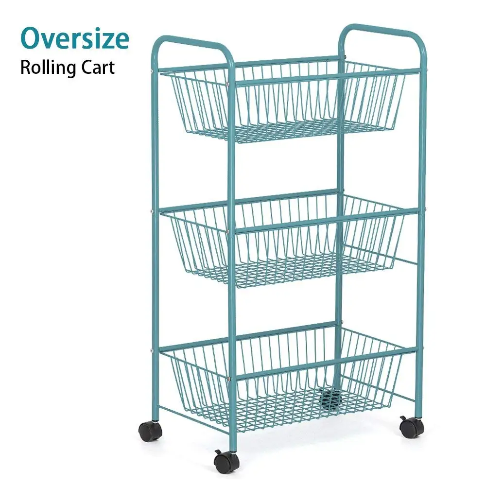 LIANTRAL 3-Tier Over Size Storage Cart Multifunction Household Bathroom Kitchen Metal Mesh Basket Shelving Rolling Cart Utility Cart with Wheels (LT-DB049B) (Blue)