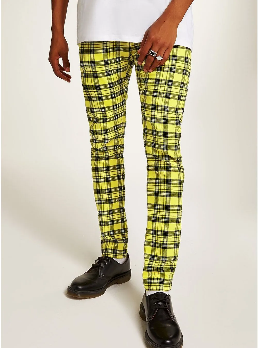 mens yellow check stretch skinny chino pants