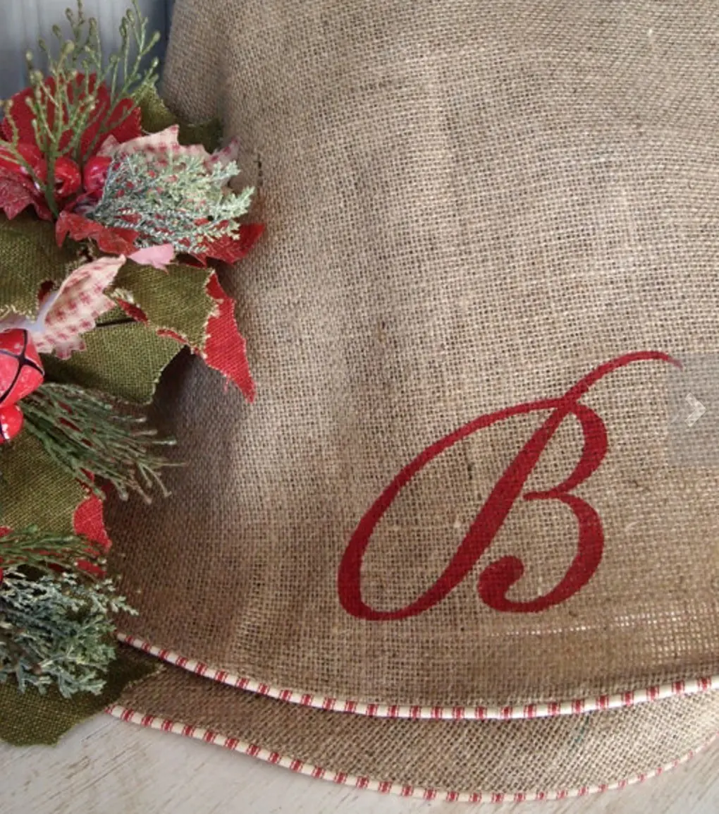 Burlap Christmas Tree Skirt with Red and White French Ticking