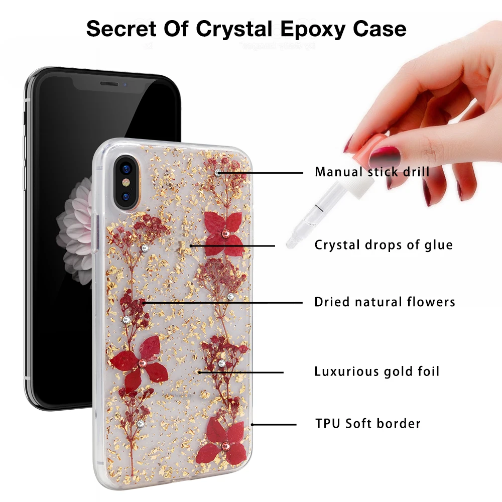 Kavaro Swarovski Crystals Luxury Bling Glitter Real Flower Cell Phone Mobile Cover Hard Phone Case for iPhone X/XS/XR/XS Max