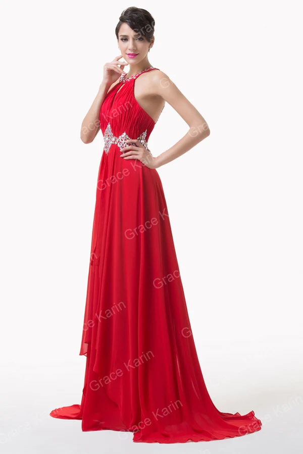 Grace Karin Sexy Sleeveless Backless Red Elegant Chiffon Long Formal