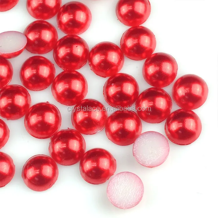 7mm Red color half round plastic flat pearl hot fix, hotfix imitation pearl beads, acrylic pearls on sale