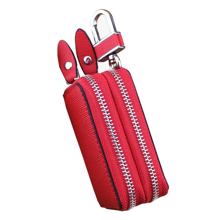 Hot Sale Double Zipper Car Key Pouch With Car Key Ring Cowhide Leather Key Holder Bag With Key Chain.jpg