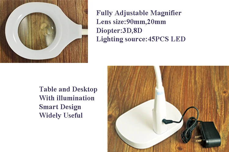 New Low price beauty LED 5X diopter flexible adjustable Desktop stand magnifier magnifying glass lamp with CE