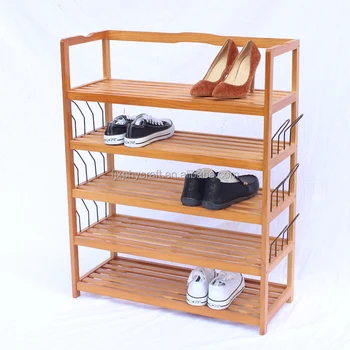 5 Tier Wooden Shoe Rack With Hooks