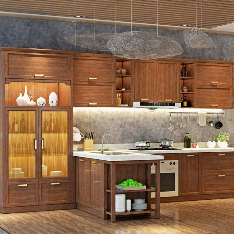 Solid wood assembled kitchen cabinets with wine cooler