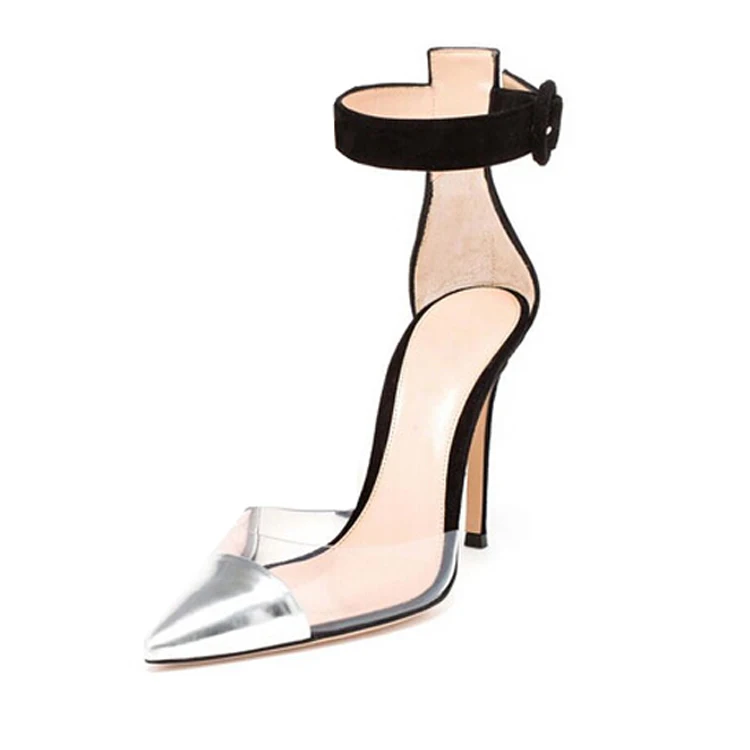 Sliver clean PVC upper high heel soft sole with ankle strap women sandals