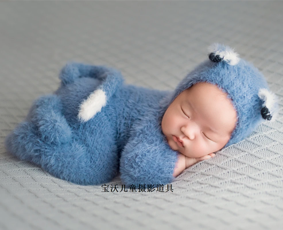 Zeroest Newborn Photography Props Boy Outfits Bear Baby Girl Photo Props Hat Footed Romper Sleeved Stretch Set Photoshoot