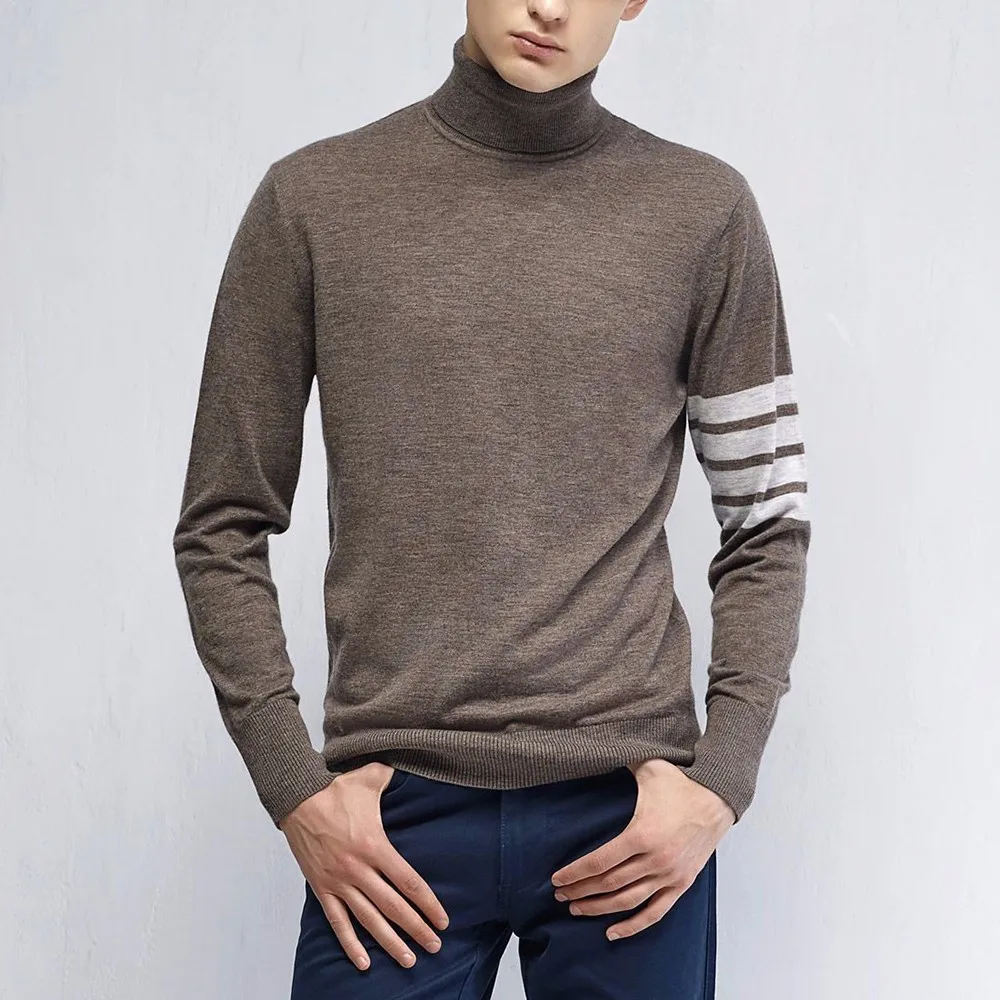 Custom 100% Wool Sweater Man Turtle Neck Pullover With Arm Stripe - Buy ...