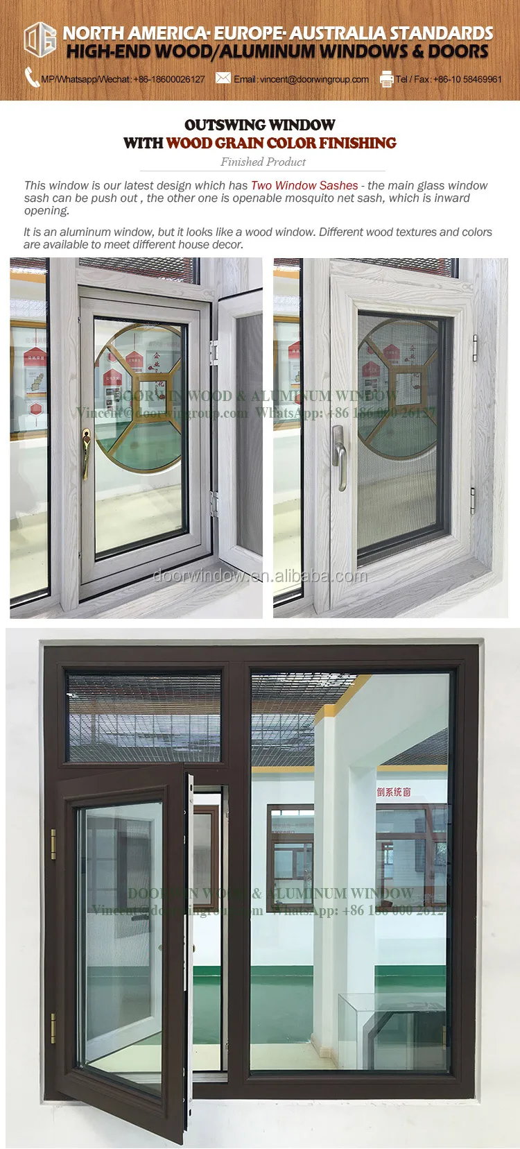 Wood grain Out swing Thermal Break Aluminum 24 x 48 casement window with Security Screen