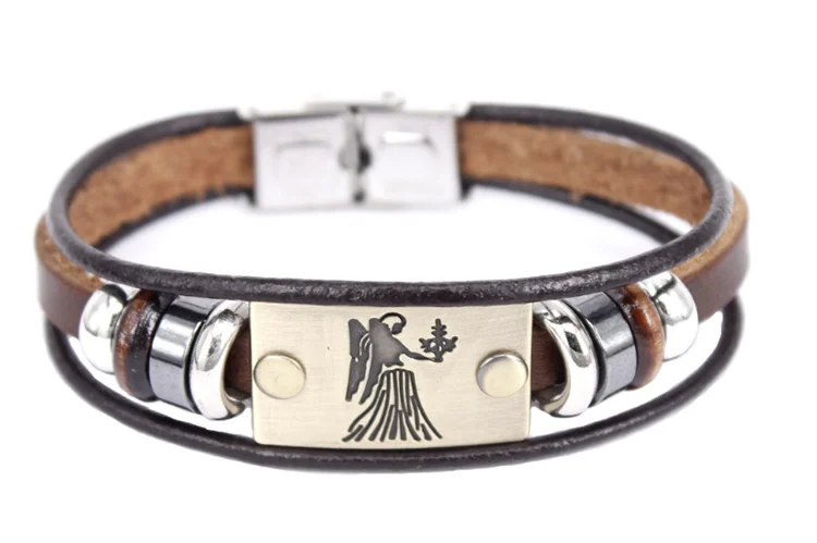 Factory Wholesale Love Braided Leather Zodiac Engraved Stainless Steel Women Bangle Bracelet Clasp