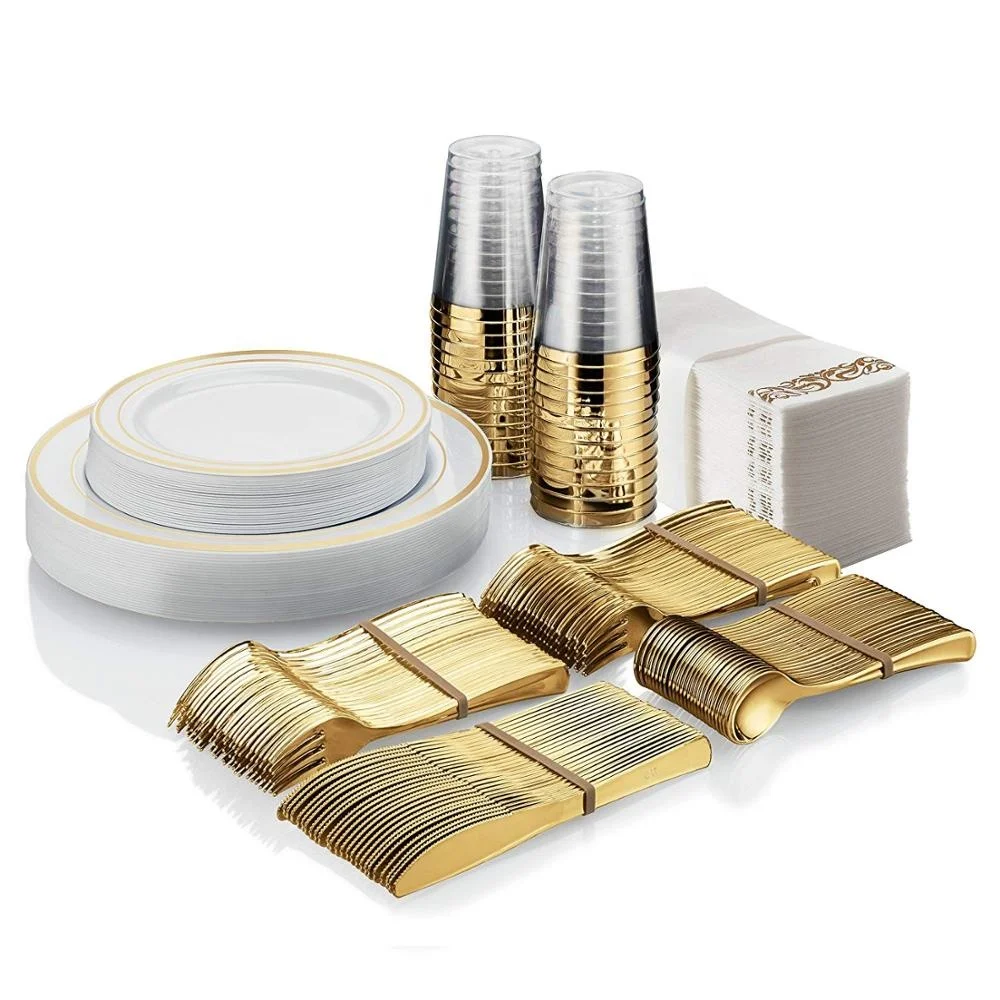 225 Pieces 25 Guests Gold Plastic Silverware Set For Party Gold Plastic Silverware Set For Party