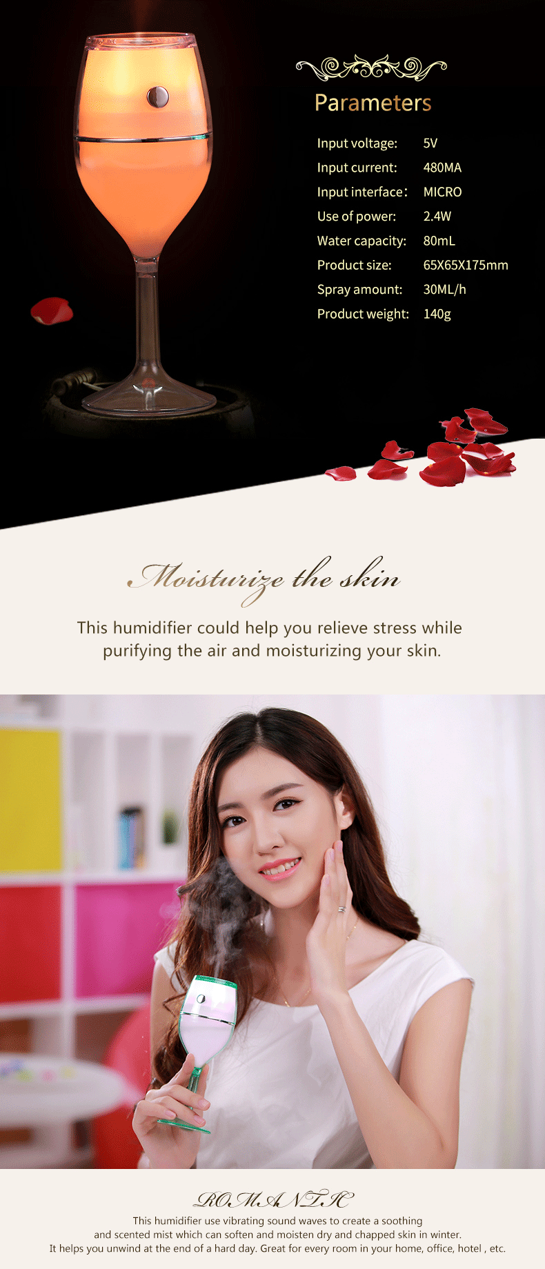 2017 hot selling romatic red wine glass ultrasonic usb aroma air humidifier with 7 color led lights
