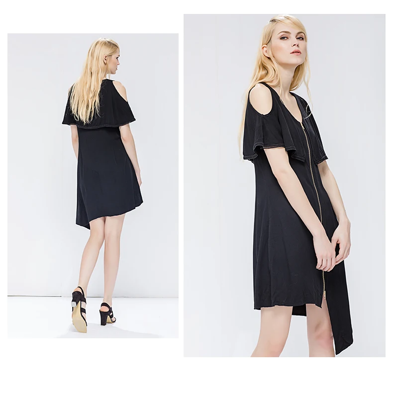 Front Zipper Off Shoulder Black Party Asymmetric Front Zipper Cap