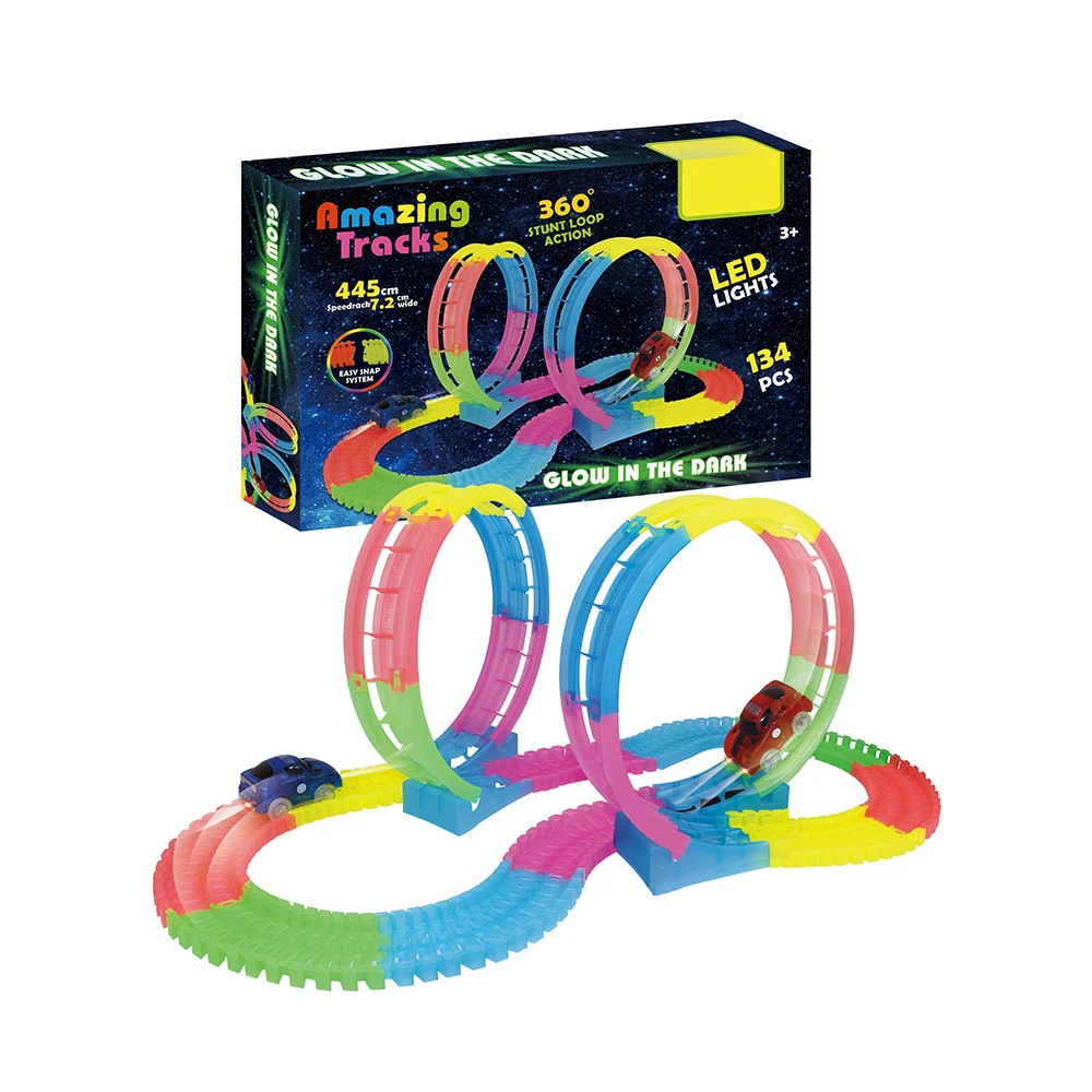 
360 degree stunt loop action slot glow track set in dark with dead loop and cars 
