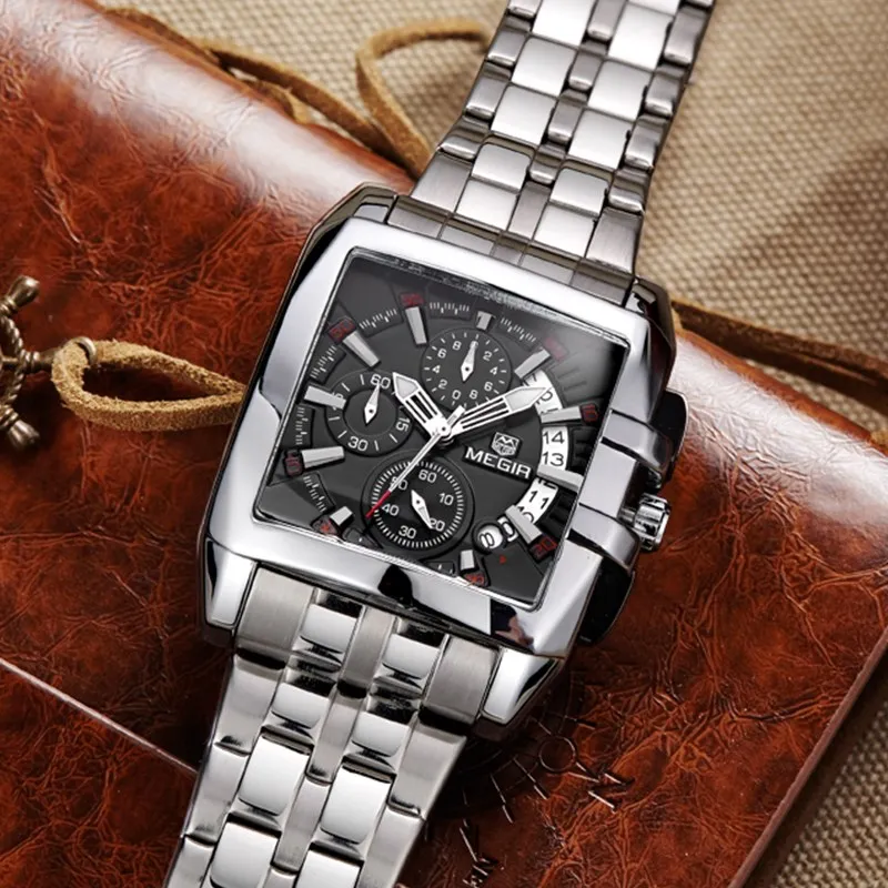 Megir Brand Luxury Men Watch Stainless Steel Square Quartz Watches ...