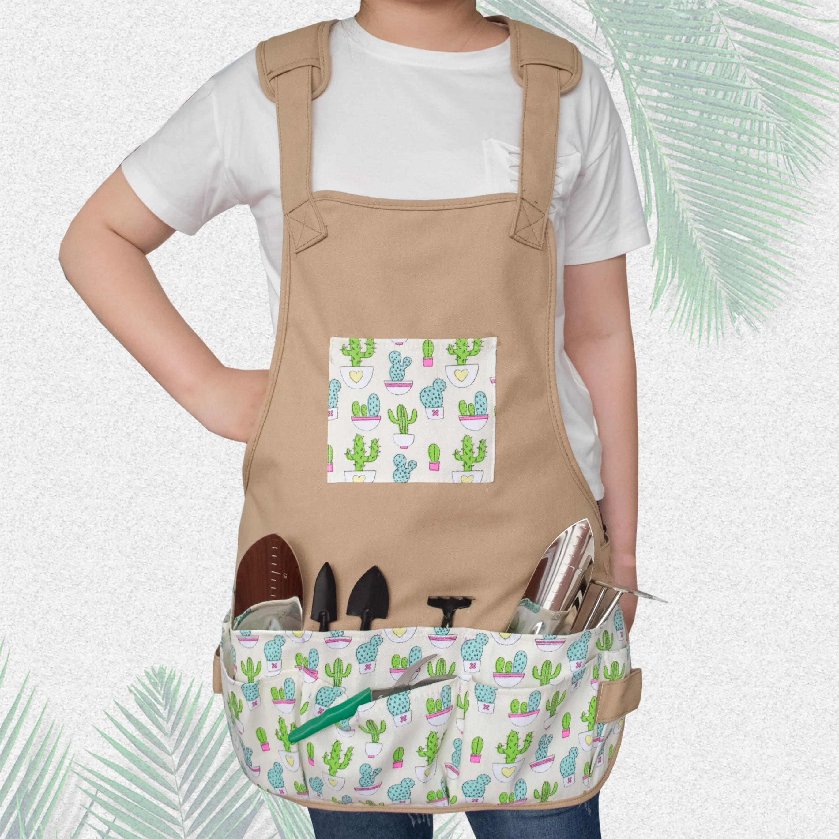Adjustable Canvas Garden Tool Apron With Pockets Durable Khaki Color