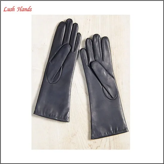 Women's fashion style cashmere lining black long leather gloves