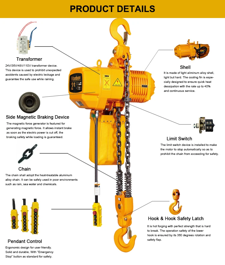 Vanbon 1 ton 2 ton 5 ton electric chain hoist with hook 1/3 phase 200-460V 3.3m/min electric chain hoist