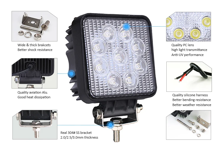 4 inch 27w LED Work Light with IP67 - Square - 2160LM - Spot Flood - for Off Road Trucks Jeeps SUVs ATVs UTVs Heavy Duty