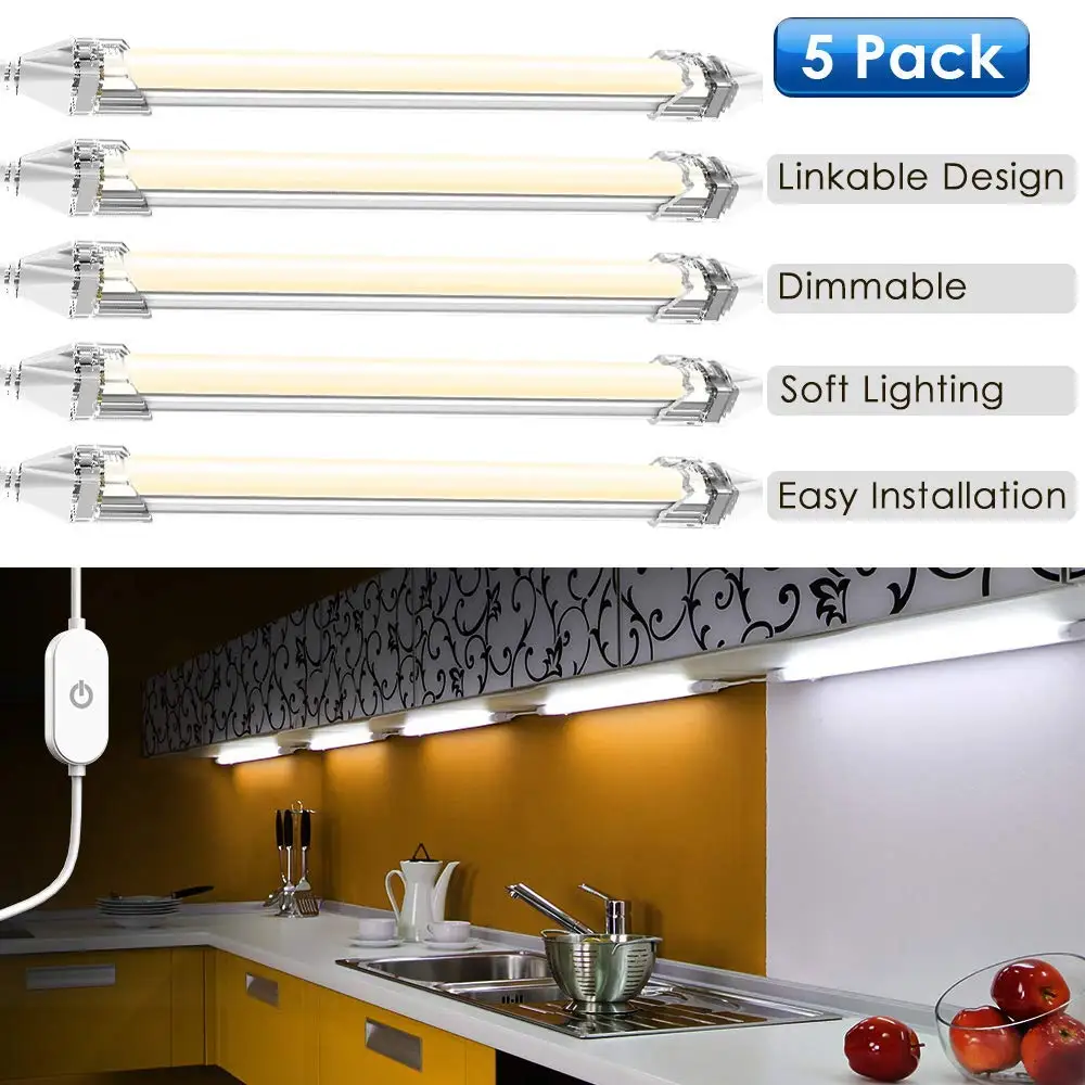 LED Under Counter Lighting Fixtures Plug in, 5 PCS LED Under Cabinet Lighting Daylight White 5000K Super Bright, Dimmable DIY installation Linkable for Kitchen Counter Cabinet (5 Bars Kit)