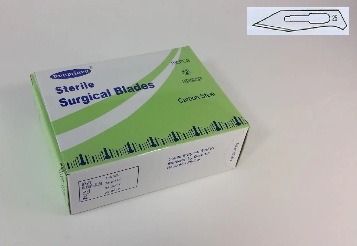 100 Surgical Scalpel Blades #25 Carbon Steel Sterile 25kGy Sterility Guaranteed