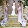 Silk Like Satin Chiffon White With Pink Off The Shoulder Mermaid Bridesmaid Dresses With Lace Train And Buttons On Back