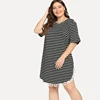 Plus Loose Tassel Black Embellished Curved Hem White-striped O-neck Short Sleeve Maxi Dress