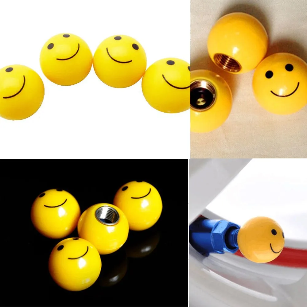 Yellow Happy Smiling Smiley Face Wheel Tyre Valve Stem Caps Covers For ...